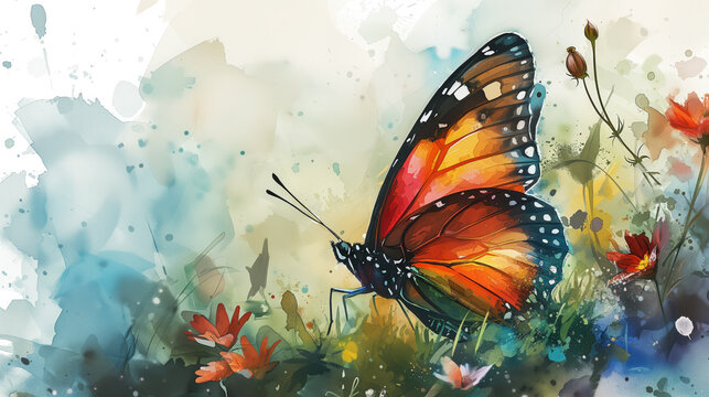 Fototapeta A vibrant watercolor illustration of a butterfly on flowers, symbolizing spring or transformation