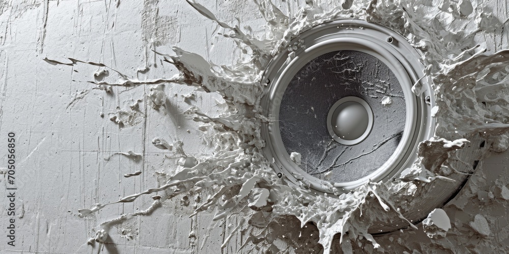 Poster a close up view of a speaker with water splashing out. perfect for illustrating the concept of music