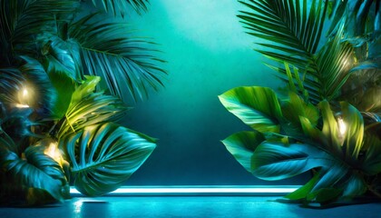 Fototapeta na wymiar Neon Tropics: Vibrant Green and Blue Lights Casting a Tropical Aura
