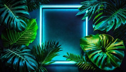 Electric Jungle: Green and Blue Neon Lights Amidst Tropical Foliage