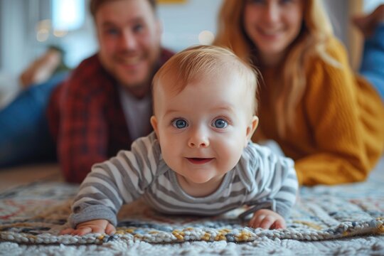A sweet image of a baby laying on a blanket with a man and woman in the background. Perfect for family themes or parenting-related projects
