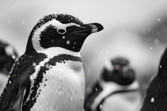 A black and white photo of a penguin standing in the snow. Suitable for nature and wildlife themes