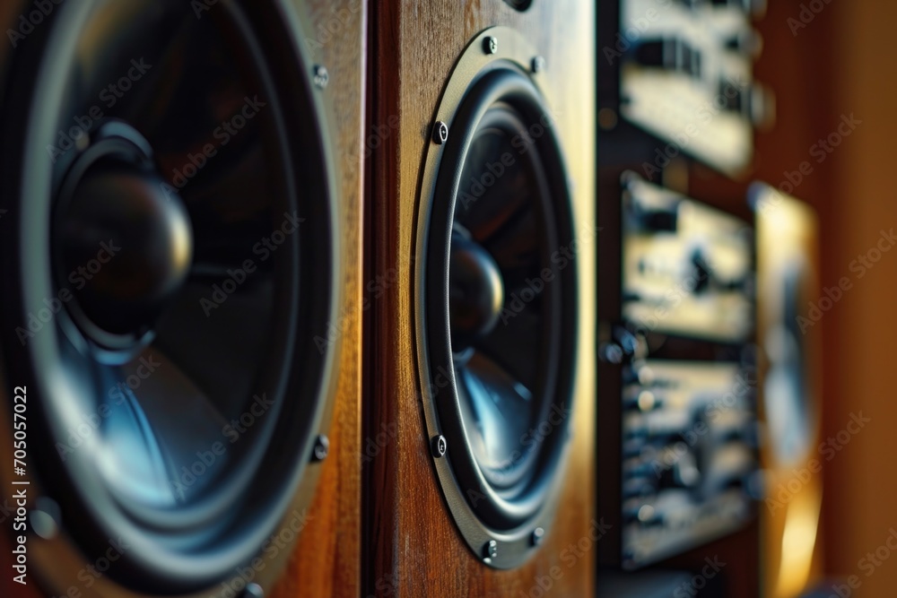 Poster A close-up view of two speakers mounted on a wall. Perfect for adding a modern touch to any interior design project or for illustrating the concept of sound technology