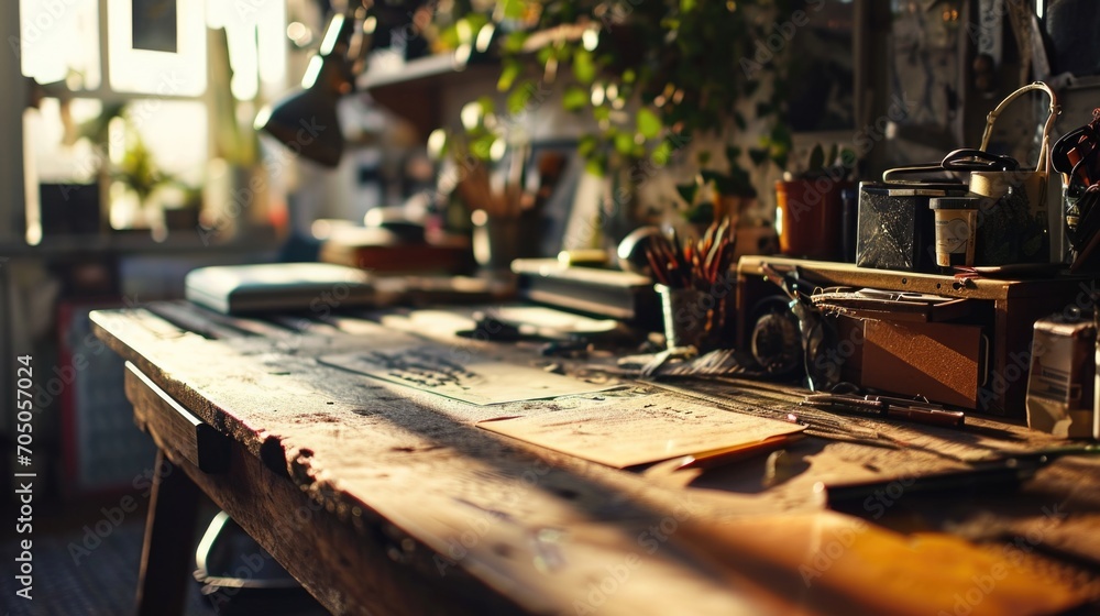 Poster A collection of various tools neatly arranged on a wooden table. Perfect for DIY projects and handyman concepts