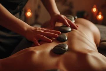  A man is shown receiving a hot stone massage at a spa. This image can be used to promote relaxation and self-care © Fotograf