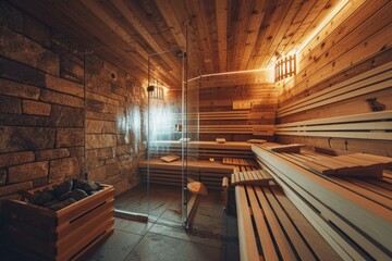 A compact and straightforward description of a sauna room with wooden benches and a glass door. Perfect for relaxation and rejuvenation.