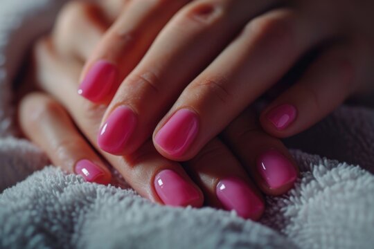A detailed view of a person's hands adorned with pink nail polish. This image can be used in various contexts