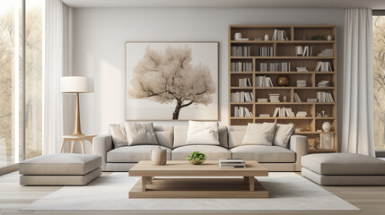 Elegant living room with plush seating, chic decor, and a striking tree wall art centerpiece