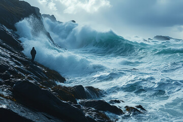 Stormy sea with large waves crashing on the rocks in the foreground
