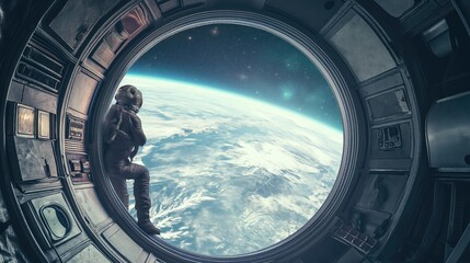 Astronaut working inside a space module