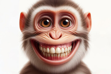 Naklejka premium photorealistic portrait of a monkey with a big teeth smile and huge eyes on a white background. ai generative