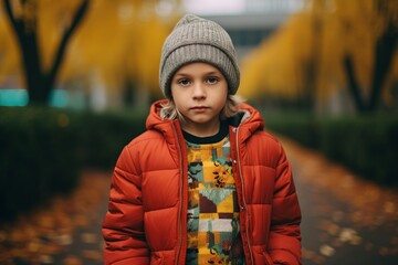 Little boy in a red jacket and hat walks in the autumn park.