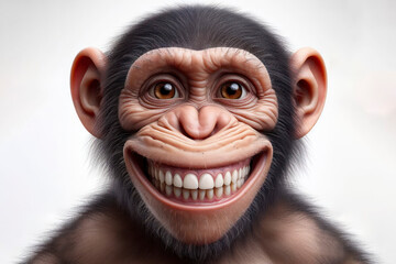 photorealistic portrait of a monkey with a big teeth smile and huge eyes on a white background. ai generative - obrazy, fototapety, plakaty
