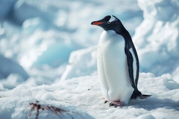 A penguin standing on top of snow covered ground. Perfect for winter-themed designs and nature illustrations