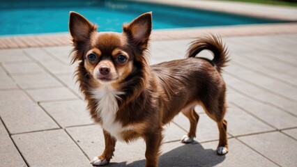 Chocolate long coat chihuahua dog standing by the pool