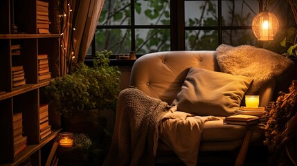 Obraz premium ature-Inspired Reading Nook: Beautiful room idea, nature-themed decor, botanical accents, cozy reading nook, earthy tones