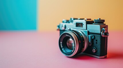 A camera sitting on top of a pink table. Suitable for photography-related projects