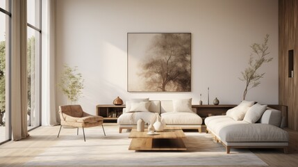 Modern Minimalist Living Space: Beautiful room idea, minimalist design, neutral color scheme, sleek furniture, cozy textures