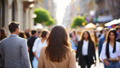 Young woman walking among anonymous crowd of people in the city. Concept of city life style.