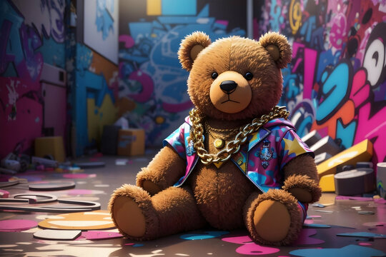 Stylish teddy bear with a chain around the neck in graffiti style with plenty of modern colourful background. Generative AI.