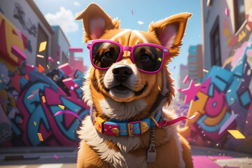 Cheerful dog in fashionable glasses against the background of a bright graffiti explosion. Generative AI. - obrazy, fototapety, plakaty
