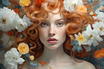 Mujer colorina rodeada de flores
