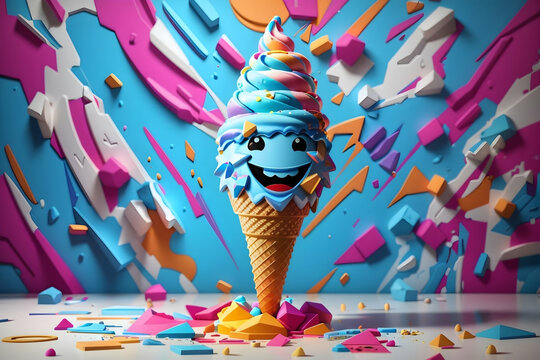 Funny blue ice cream cone with a smile in graffiti style with plenty of modern colourful background. Generative AI.