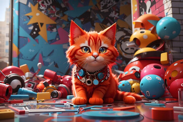 Glamorous red cartoon cat in graffiti style with plenty of modern colourful decoration. Generative AI.