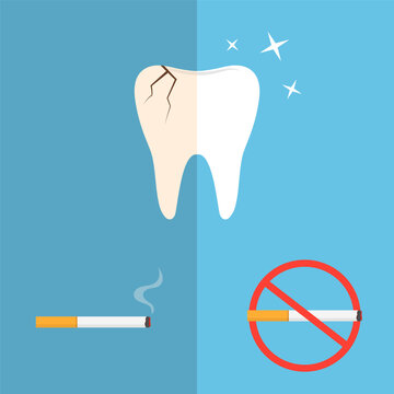 Dangers of smoking concept. Quitting cigarettes. Healthy and diseased tooth flat illustration.