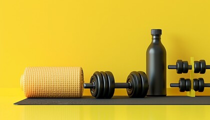 Yoga mat, dumbbells and sport bottle on yellow background, Sports background with Pilates ring, sports mat, yoga, skipping rope, - obrazy, fototapety, plakaty