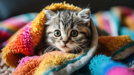 Curious Kitten Peeking Out From Underneath a Cozy Blanket