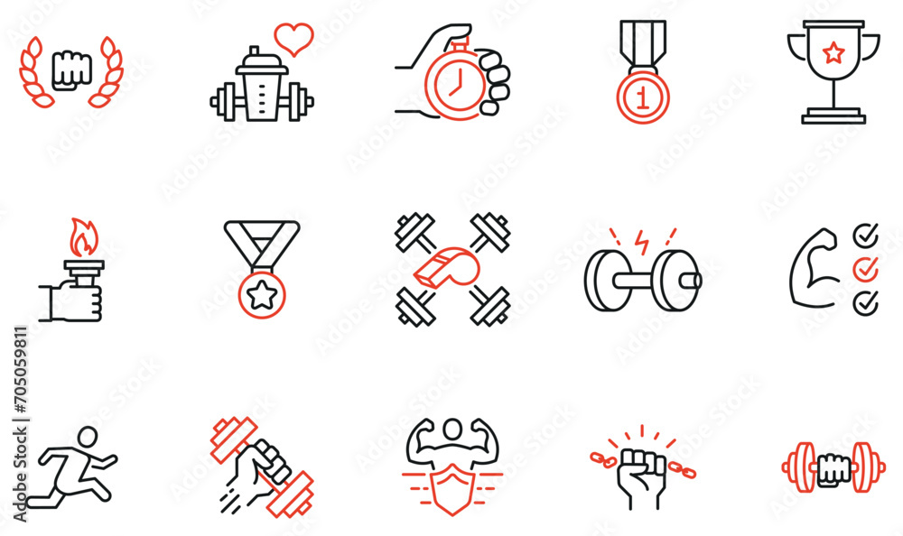 Poster vector set of linear icons to assertiveness, training and motivation. mono line pictograms and infog