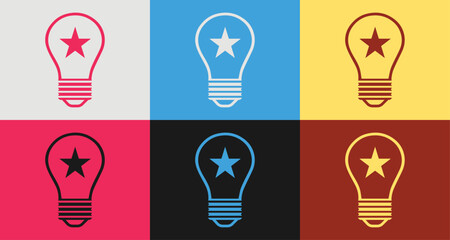 Colorful light bulb and star icons set in 6 colors for vibrant designs, light bulb and star Isolated on background