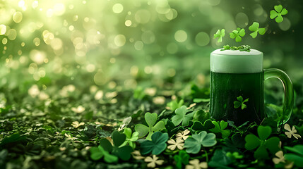 St. Patrick Day background. Copy space. Green beer with shamrock.