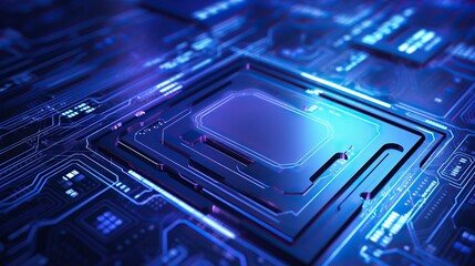 rendering of blue futuristic circuit board with electrons. Circuit board. Concept of CPU, Computer Processor. Motherboard chips. Technology science background.