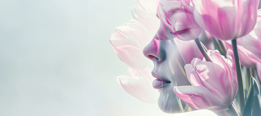 Spring fashion closeup portrait of beautiful sensual young woman in tender pink tulips. Double exposure effect. Banner with copy-space