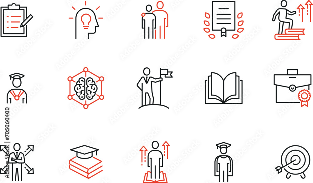 Poster vector set of linear icons to educational process, training and professional consulting service. mon
