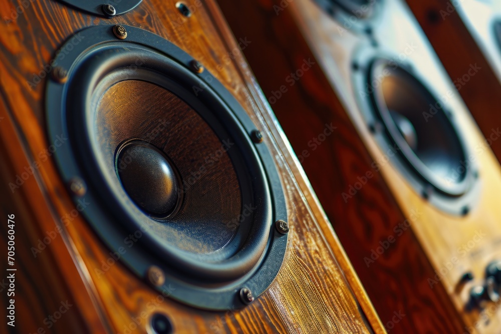 Poster a detailed close-up shot of a pair of speakers. perfect for illustrating sound systems or music-rela