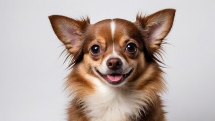 Fototapeta premium Portrait of Chocolate long coat chihuahua dog on grey background