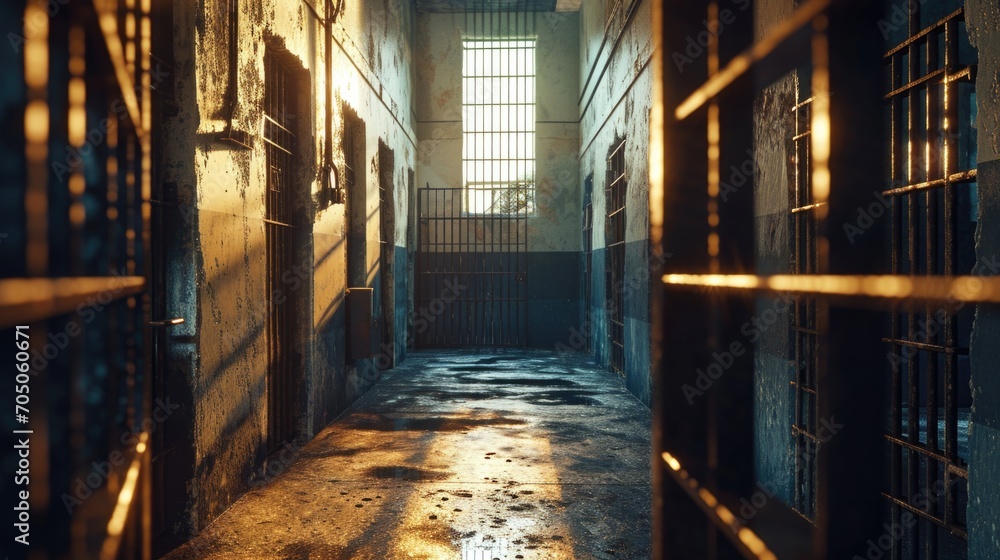 Poster a dimly lit hallway with bars and a window. this image can be used to depict a prison, confinement, 