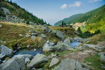 September landscape of the Fagaras Mountains, Romania. A view from the hiking trail near the Balea Lake and the Transfagarasan Road