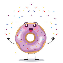 Happy donut character cartoon. Sweet violet round vector donut.  Kawaii vector doughnut.