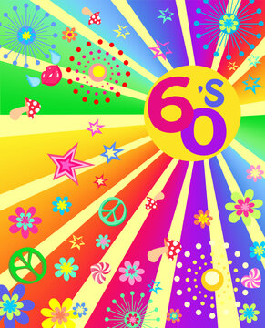 1960&rsquo;s Hippie Style Art Poster with multicolored sunburst, peace symbol, fly agaric, flying lips and colorful flower-power