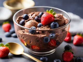 A transparent bowl with chocolate ice cream, strawberries, blueberries. AI image