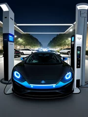 Fotobehang Electric car charging at a gas station in the city, industrial landscape, neon elements, healthy environment without harmful emissions. Eco concept. © fahim