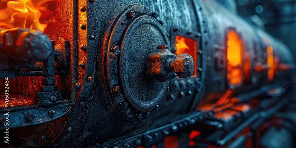Aufkleber A close-up view of a train engine with flames shooting out. Perfect for depicting excitement and danger. Ideal for use in action-packed designs and illustrations