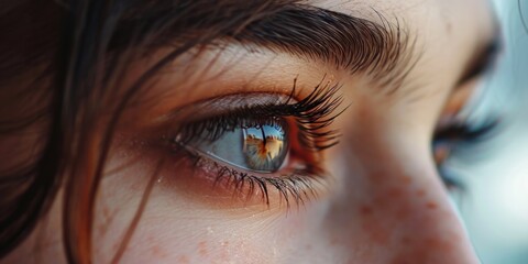 Close up of a woman's eye with a reflection of a building. Perfect for architectural themes or concepts related to urban life