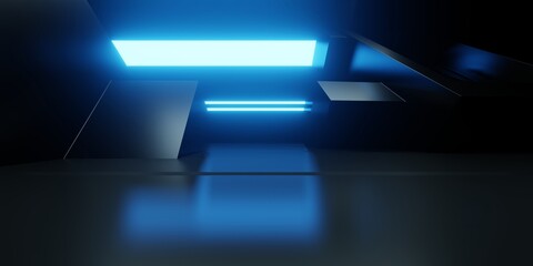 3d rendering of blue neon glowing spaceship corridor black background. Scene for advertising, showroom, technology, future, modern, sport, game, metaverse, warehouse, garage. Sci Fi Illustration © Tanawat Thipmontha
