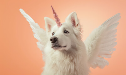 white eskimo dog as unicorn with wings on peach pastel background - obrazy, fototapety, plakaty