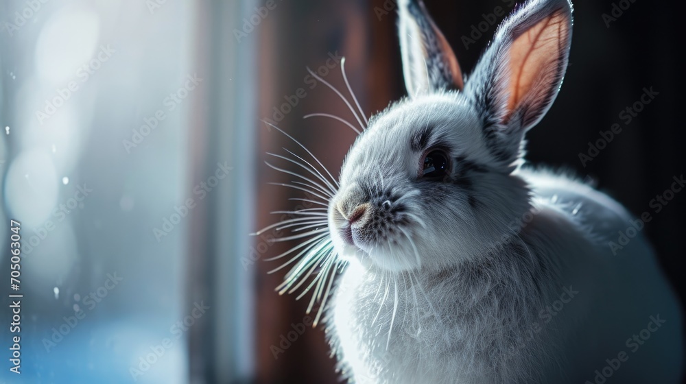 Poster A white rabbit sitting in front of a window. Perfect for adding a touch of whimsy to your projects